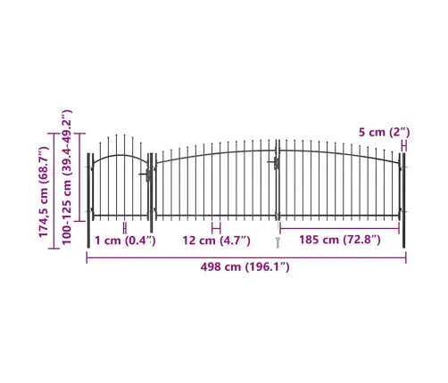Dārza Žoga Vārti Ar Pīķiem Augšpusē, 5X1,75 M, Melni Vidaxl