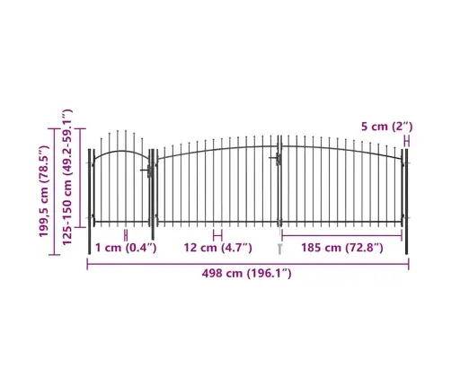 Dārza Žoga Vārti Ar Pīķiem Augšpusē, 5X2 M, Melni Vidaxl