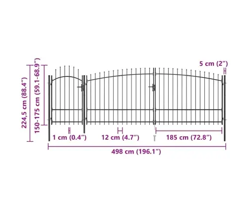 Dārza Žoga Vārti Ar Pīķiem Augšpusē, 5X2,25 M, Melni Vidaxl