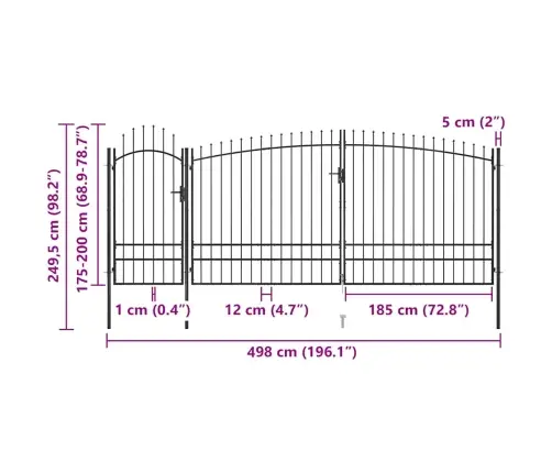 Dārza Žoga Vārti Ar Pīķiem Augšpusē, 5X2,45 M, Melni Vidaxl