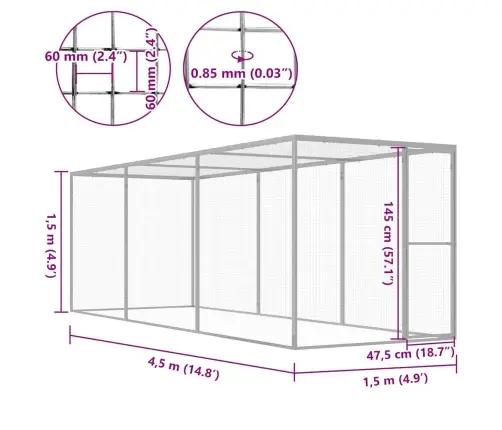 Kaķu Būris, 4,5X1,5X1,5 M, Cinkots Tērauds Vidaxl