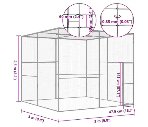 Kaķu Būris, 3X3X2,5 M, Cinkots Tērauds Vidaxl