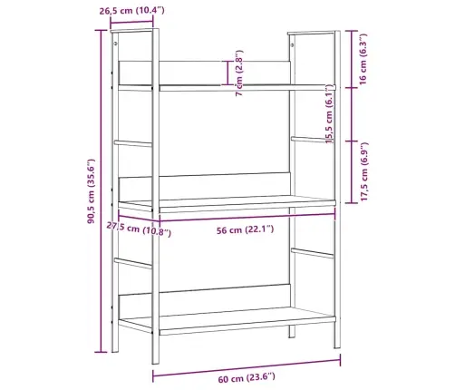 3-Līmeņu Grāmatplaukts, Ozolkoka Krāsa, 60X27,6X90,5 Cm Vidaxl