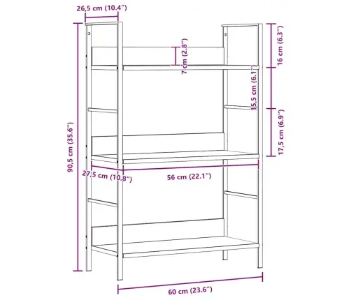 3-Līmeņu Grāmatplaukts, Ozolkoka Krāsā, 60X27,6X90,5 Cm, Koks Vidaxl