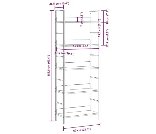5-Līmeņu Grāmatplaukts, Balts, 60X27,6X158,5 Cm, Koks Vidaxl