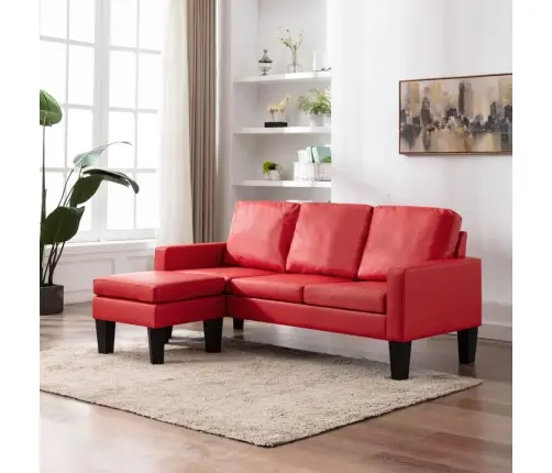 Trīsvietīgs Dīvāns Ar Kājsoliņu, Sarkana Mākslīgā Āda Vidaxl
