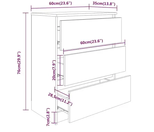 Kumode, Balta, 60X35X76 Cm, Inženierijas Koks Vidaxl