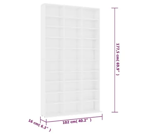 Cd Plaukts, Balts, 102X16X177,5 Cm, Inženierijas Koks Vidaxl