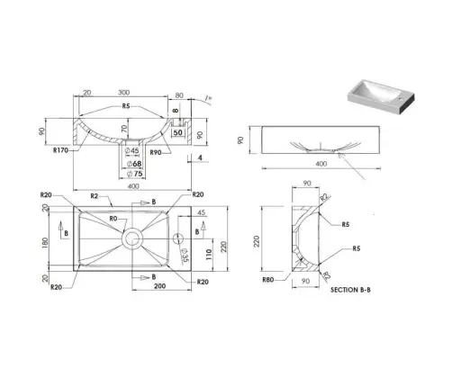 Valamu, 400X220X90 Mm Smc Valge