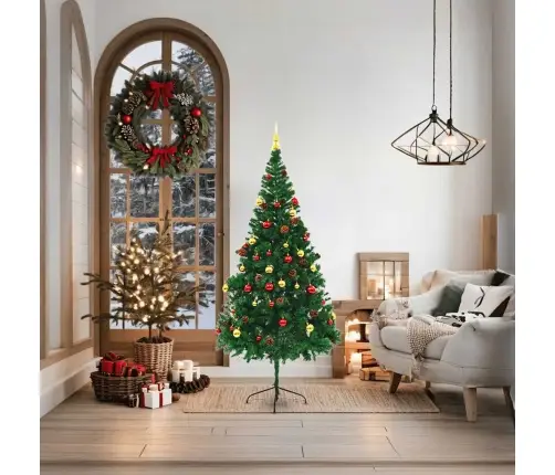 Izgaismota Mākslīgā Ziemassvētku Egle Ar Bumbām, 180 Cm, Zaļa Vidaxl