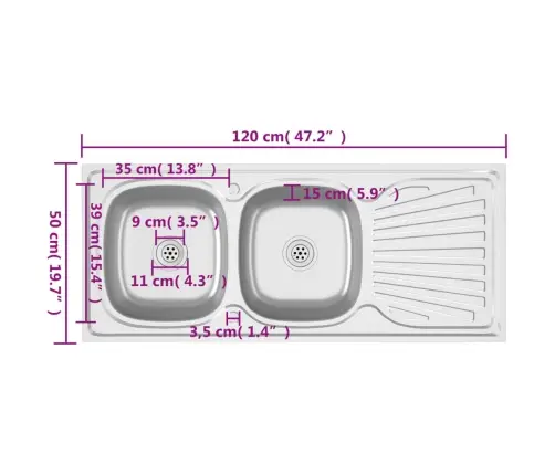 Virtuvės Plautuvė Su Dviem Dubenimis, 1200X500X155Mm, Plienas