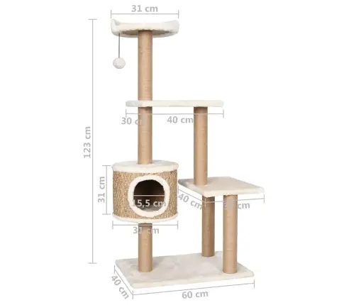 Kaķu Māja Ar Stabiem Nagu Asināšanai, 123 Cm, Jūraszāles Vidaxl