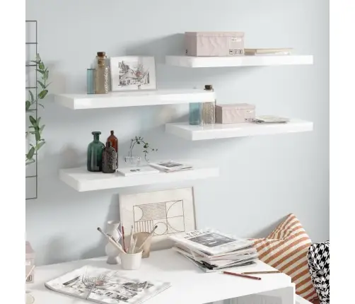 Sienas Plaukti, 4 Gab., Spīdīgi Balti, 60X23,5X3,8 Cm, Mdf Vidaxl