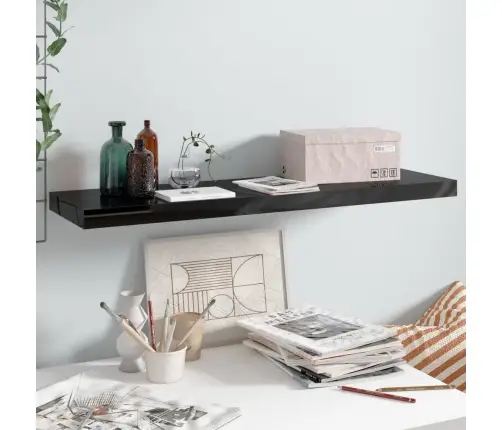 Sienas Plaukts, Spīdīgi Melns, 90X23,5X3,8 Cm, Mdf Vidaxl