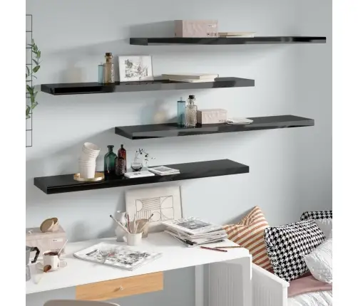 Sienas Plaukti, 4 Gab., Spīdīgi Melni, 120X23,5X3,8 Cm, Mdf Vidaxl