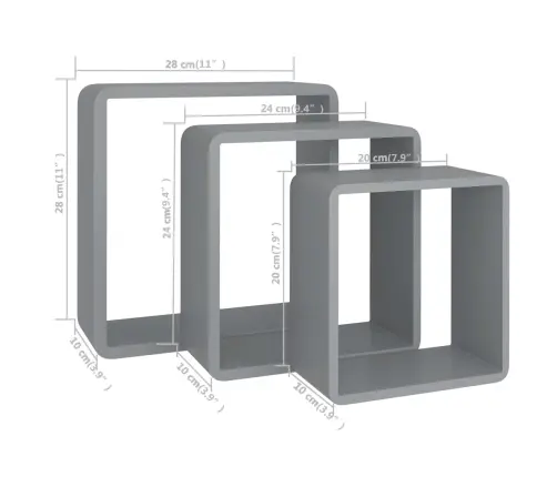 Kuba Formas Sienas Plaukti, 3 Gab., Pelēki, Mdf Vidaxl