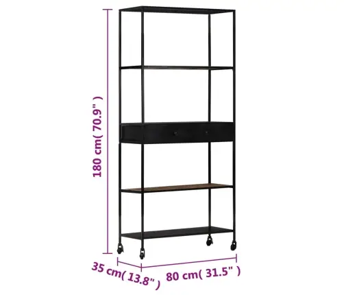 Grāmatu Plaukts, 80X35X180 Cm, Neapstrādāts Mango Koks, Dzelzs Vidaxl