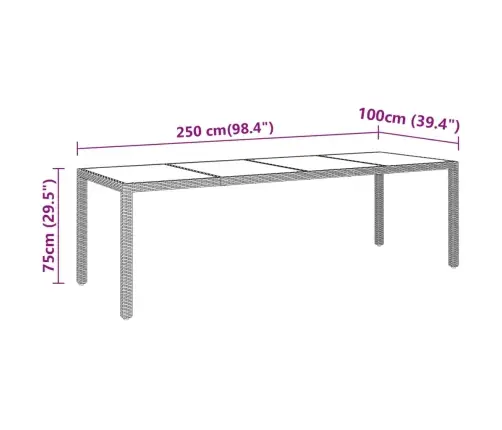 Dārza Galds, 250X100X75Cm, Rūdīts Stikls, Pelēka Pe Rotangpalma Vidaxl
