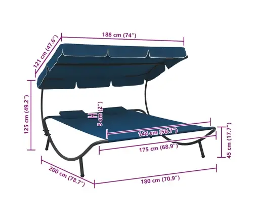 Āra Atpūtas Gulta Ar Jumtu Un Spilveniem, Zila Vidaxl