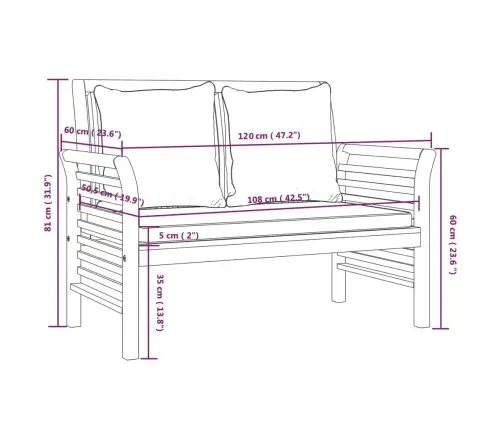 2-Osaline Aiamööbli Komplekt, Tumehallid Padjad, Täispuit