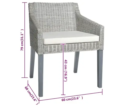 Söögitoolid Istmepatjadega 2 Tk, Hall, Naturaalne Rotang