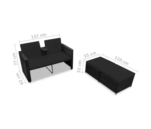 3-Osaline Aiamööblikomplekt Patjadega, Polürotang, Must