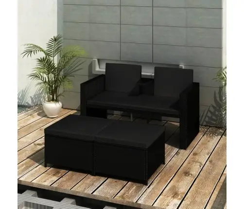 3-Osaline Aiamööblikomplekt Patjadega, Polürotang, Must