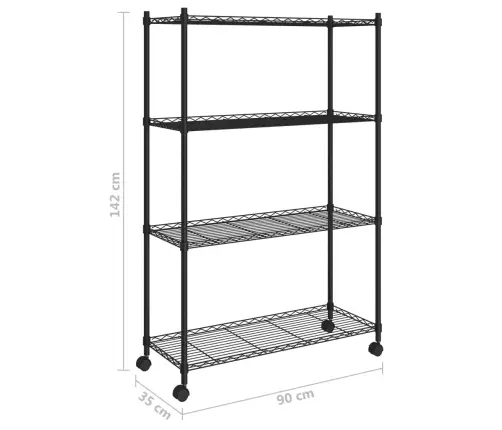 4 Līmeņu Glabāšanas Plaukts Ar Riteņiem, Melns, 90X35X142 Cm Vidaxl
