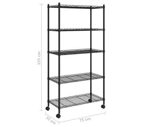 5 Līmeņu Plaukts Ar Riteņiem, 75X35X155 Cm, Melns, 250 Kg Vidaxl