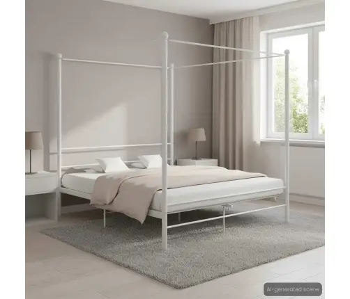 Gultas Rāmis Ar Nojumi, Balts, 200X200 Cm, Metāls  Vidaxl