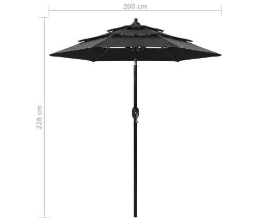 Sodo Skėtis Su Aliuminio Stulpu, Juodos Spalvos, 2M, 3 Aukščių