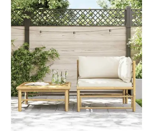 2-Osaline Aiamööblikomplekt Kreemjasvalgete Patjadega, Bambus