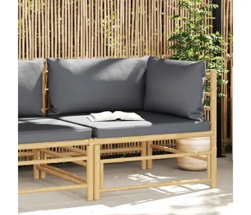 Kampinė Sodo Sofa Su Tamsiai Pilkomis Pagalvėlėmis, Bambukas