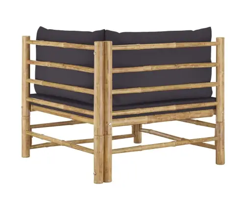 Kampinė Sodo Sofa Su Tamsiai Pilkomis Pagalvėlėmis, Bambukas