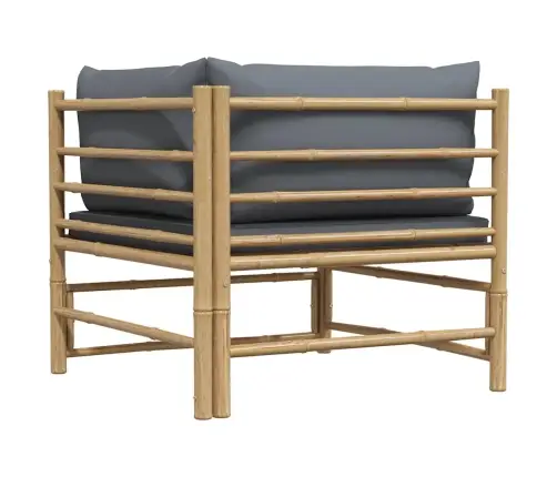 Kampinė Sodo Sofa Su Tamsiai Pilkomis Pagalvėlėmis, Bambukas