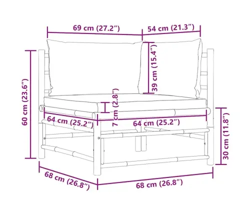 Kampinė Sodo Sofa Su Tamsiai Pilkomis Pagalvėlėmis, Bambukas