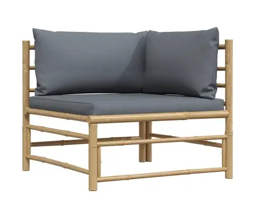 Kampinė Sodo Sofa Su Tamsiai Pilkomis Pagalvėlėmis, Bambukas