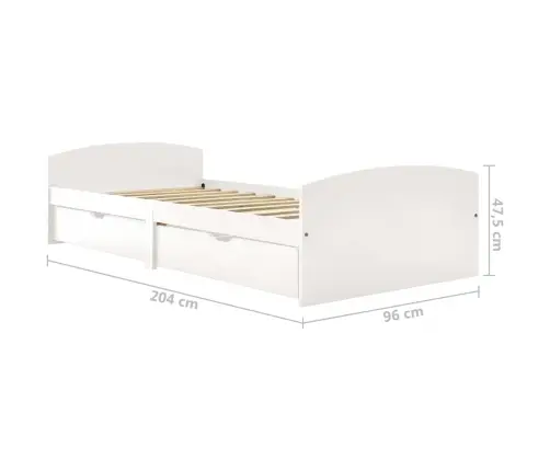 Gultas Rāmis Ar 2 Atvilktnēm, Balts Priedes Koks, 90X200 Cm Vidaxl