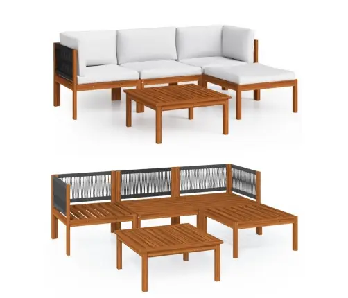 5-Osaline Aiamööblikomplekt Patjadega, Kreemikaspuidust, Akaatsia Ja Köis