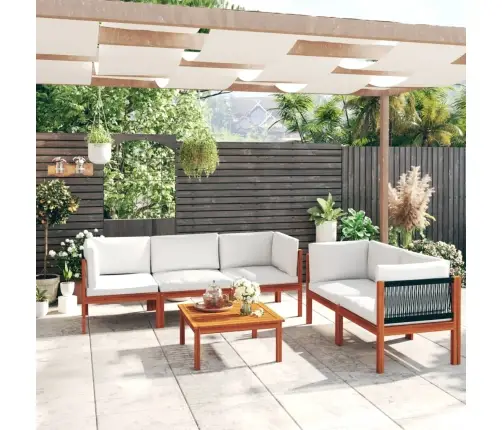 6 Daļu Dārza Atpūtas Mēbeļu Komplekts Ar Spilveniem, Krēmkrāsas Koks, Akācija Un Virve Vidaxl