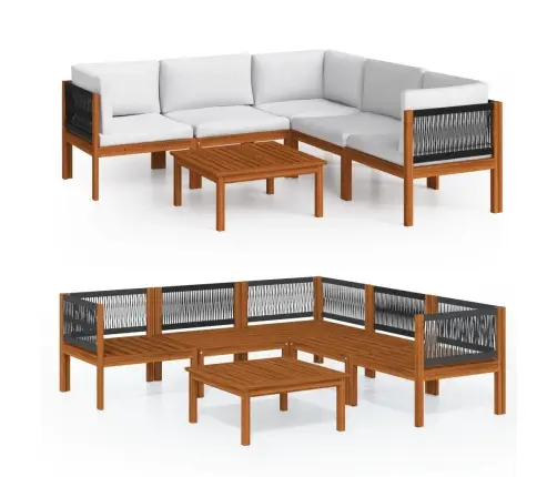 6 Daļu Dārza Atpūtas Mēbeļu Komplekts Ar Spilveniem, Krēmkrāsas Koks, Akācija Un Virve Vidaxl