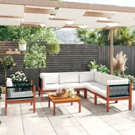 7 Dalių Sodo Poilsio Baldų Komplektas Su Pagalvėlėmis, Kreminės Spalvos, Akacijos Mediena Ir Virvė