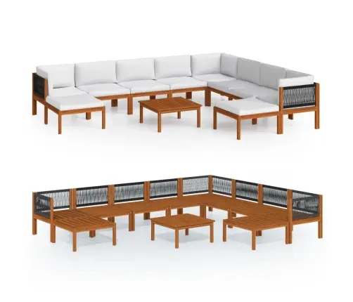 11-Daļīgs Dārza Atpūtas Mēbeļu Komplekts Ar Spilveniem, Krēmkrāsas Koks, Akācija Un Virve Vidaxl