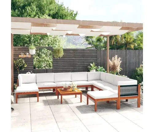 11-Daļīgs Dārza Atpūtas Mēbeļu Komplekts Ar Spilveniem, Krēmkrāsas Koks, Akācija Un Virve Vidaxl