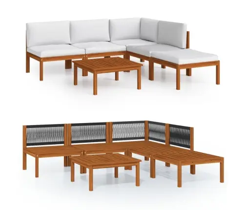 6 Dalių Sodo Poilsio Baldų Komplektas Su Pagalvėlėmis, Kreminės Spalvos, Akacijos Mediena Ir Virvė