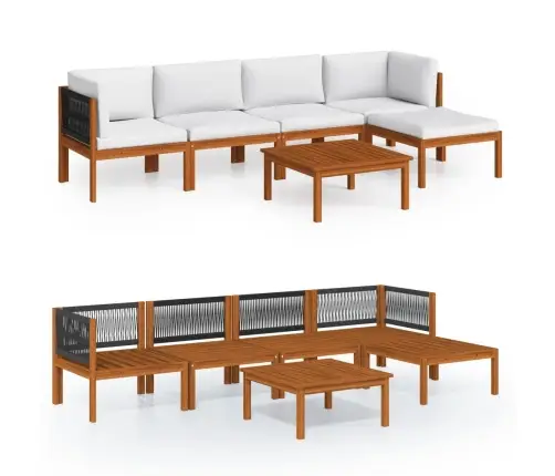 6 Daļu Dārza Atpūtas Mēbeļu Komplekts Ar Spilveniem, Krēmkrāsas Koks, Akācija Un Virve Vidaxl