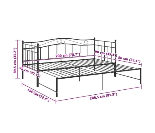 Izvelkams Dīvāna Rāmis, Melns, Metāls, 90X200 Cm Vidaxl