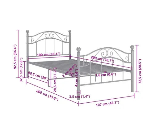 Voodiraam, Hall, Metall, 100 X 200 Cm
