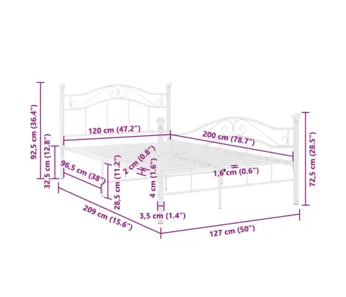 Gultas Rāmis, Balts Metāls, 120X200 Cm Vidaxl