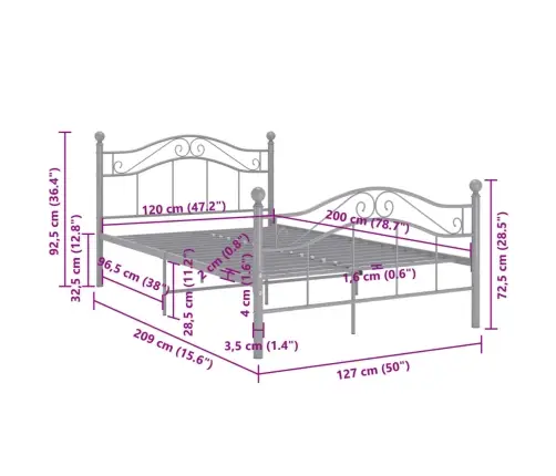 Gultas Rāmis, Pelēks Metāls, 120X200 Cm Vidaxl